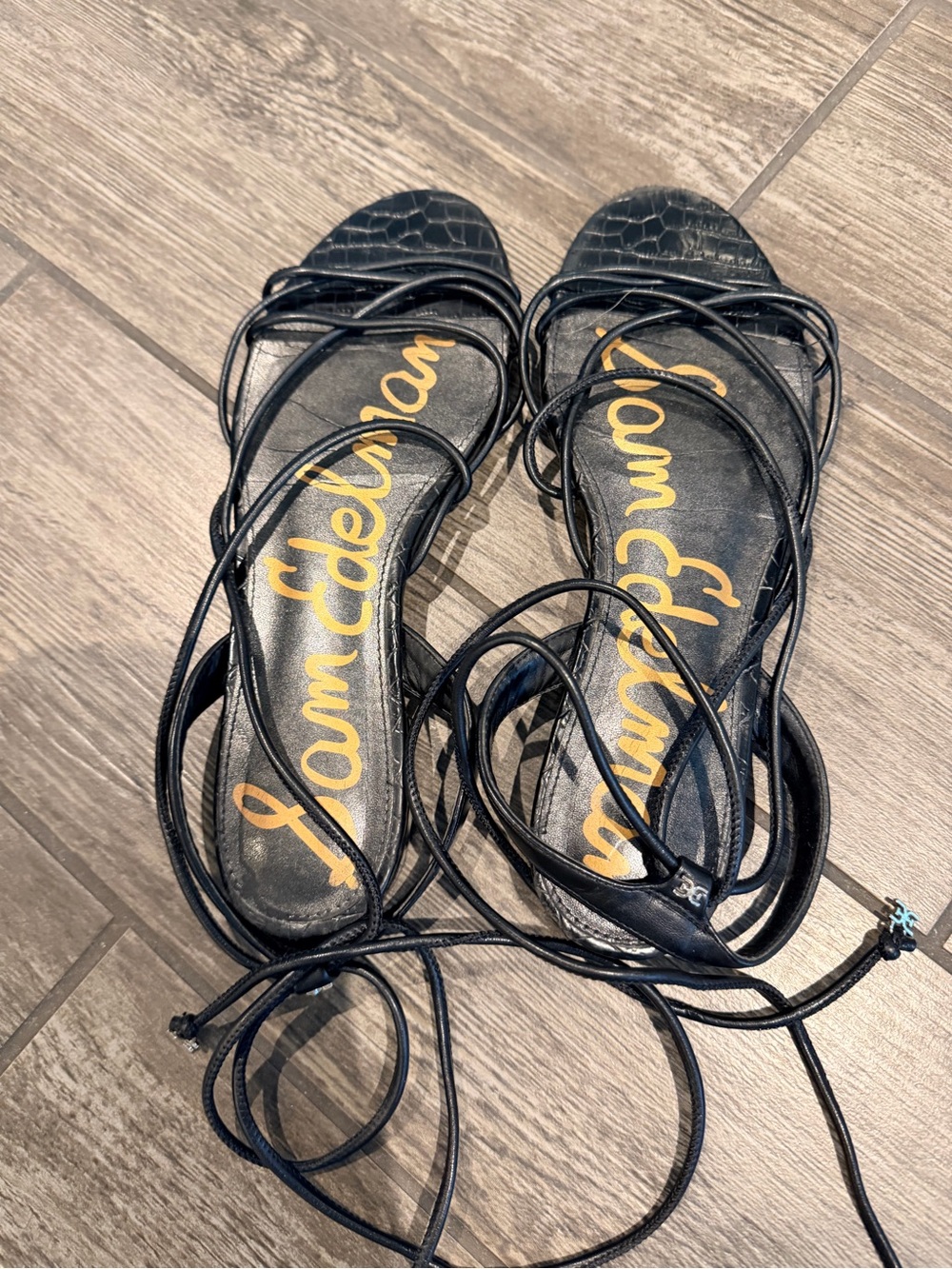 Sam Edelman Tiana Black Lace-Up Croc-Texture Sandals